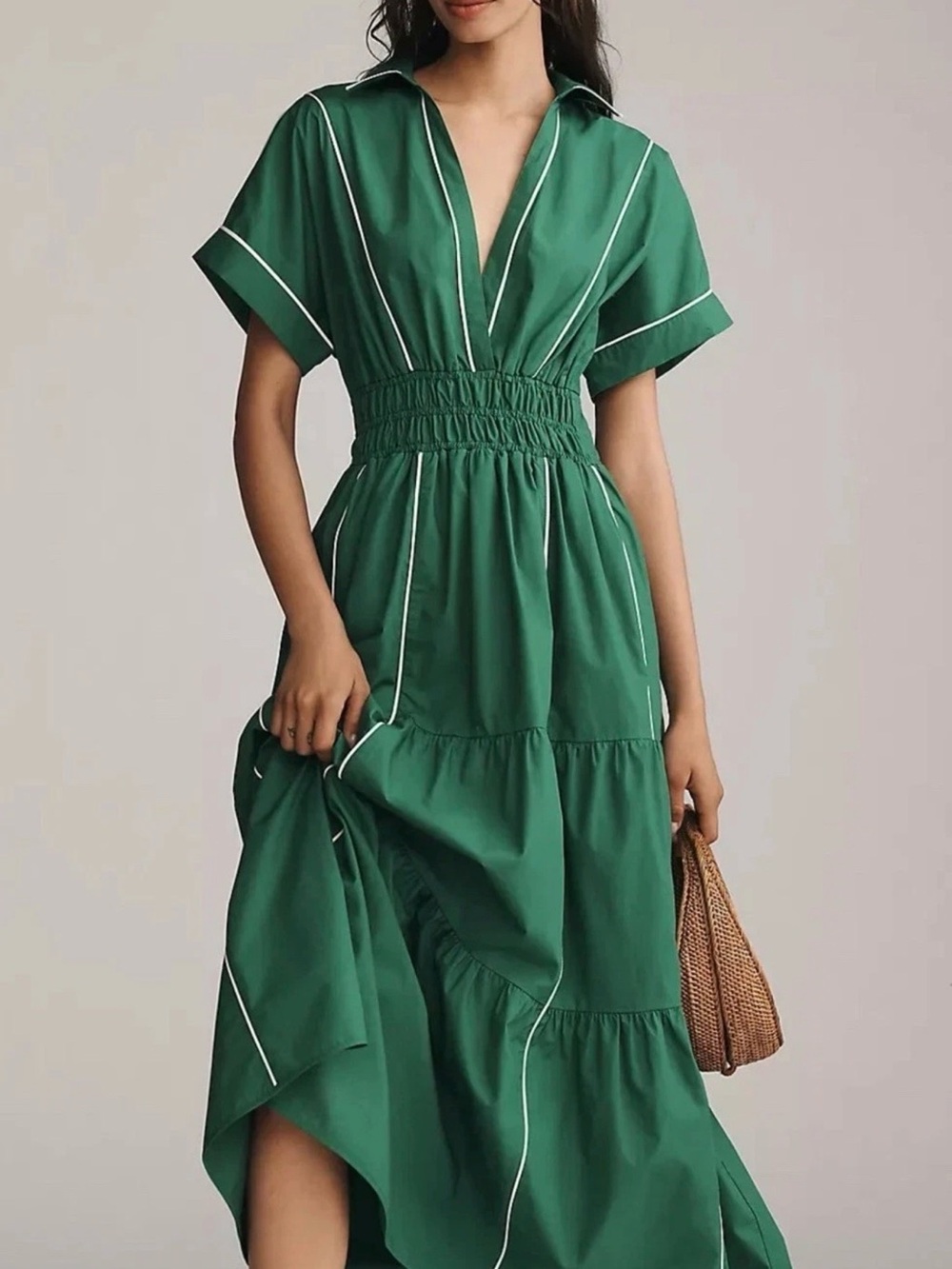 Anthropologie Sommerset Maxi Shirt Dress Emerald Green with White Piping